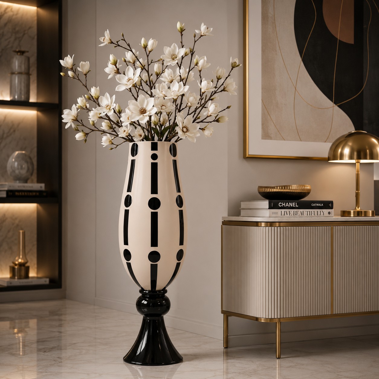 GemiGlass Vaso Diana Collezione Hippy Vaso Bianco e Nero Vetro di Design Home Decor di lusso Vaso cm Arredamento Optical Scultura Moderna Vaso Alto da Interno
