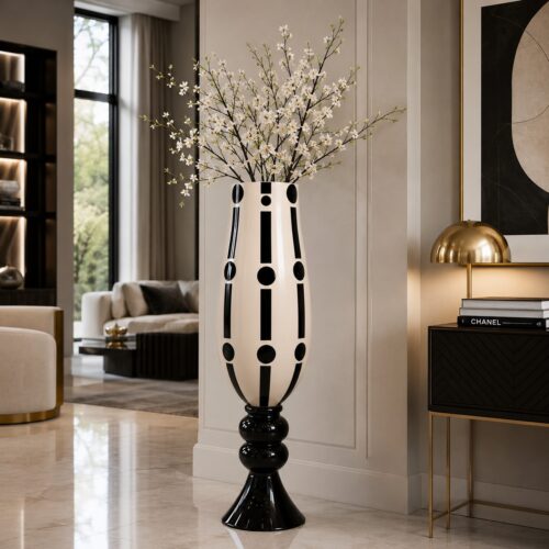 GemiGlass Vaso Diana Collezione Hippy Vaso da Terra Grande Vaso Bianco e Nero Vetro di Design Home Decor di lusso Vaso Alto Metro Arredamento Optical