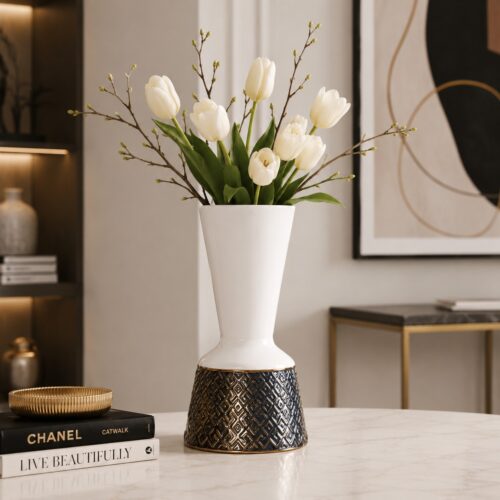 Petite Fantasie Vaso Alto Vaso Bianco Lucido Vaso a Calice Ceramica di Design Home Decor di lusso Vaso Bronzo e Oro Dettagli Geometrici Oggettistica Moderna
