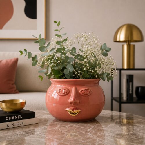 Vaso Ciotola Rosa Lucido e Oro H cm Verus Ceramiche Caltagirone