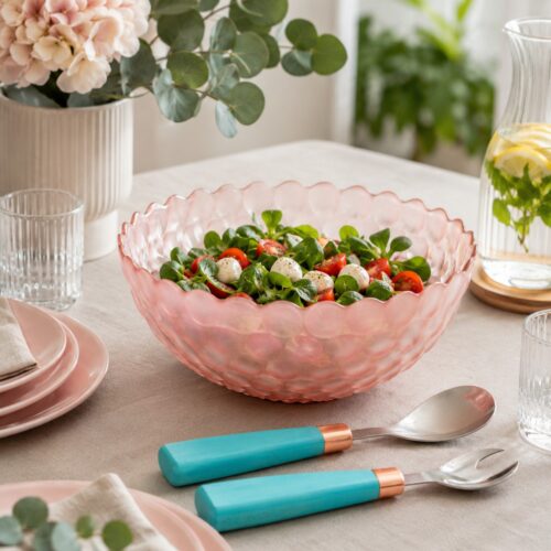 Insalatiera Bubble Madrhelen con Posate Vetro Satinato Rosa