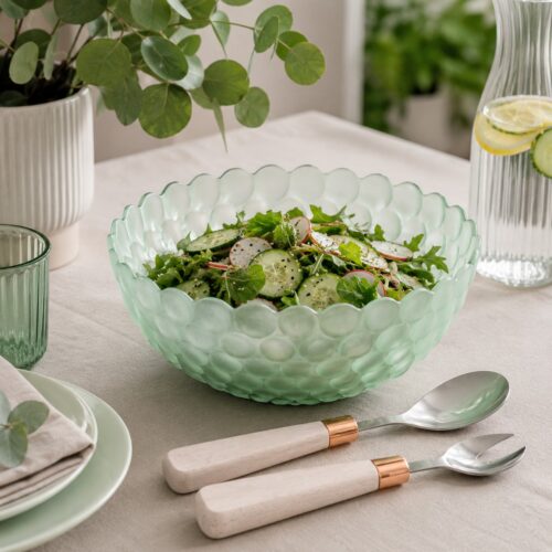 Insalatiera Bubble Madrhelen con Posate Vetro Satinato Verde