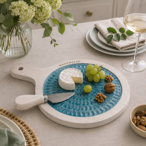 Tagliere Bubble Madrhelen con Coltello Legno e Vetro Blu