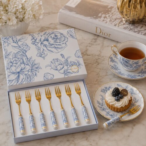 set forchettine dolce floreale blu oro le stelle
