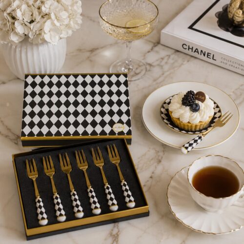 set forchettine dolce scacchi oro le stelle