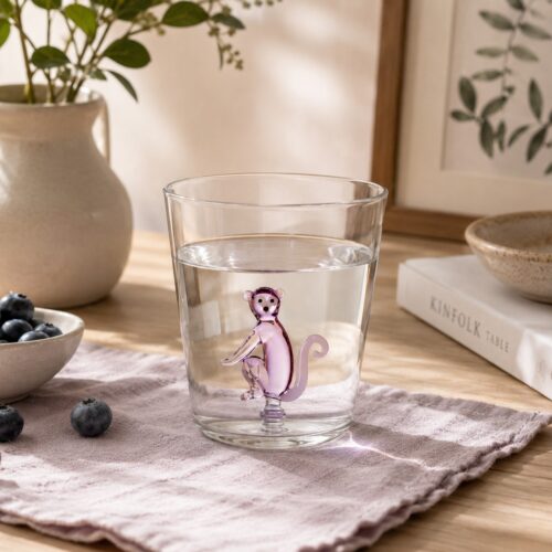 Ichendorf Milano Scimmia Rosa Bicchiere con Scimmia Tumbler Savana Ichendorf Bomboniera Safari Design Regalo Nascita Tema Giungla golinohomedesign Vetro Borosilicato Artigianale